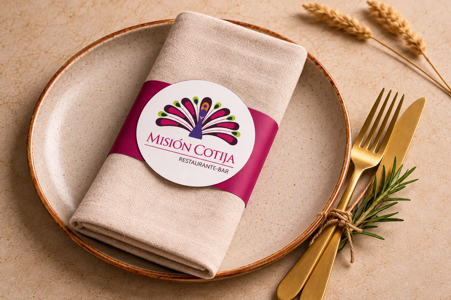 A napkin banded with the mark on a set plate